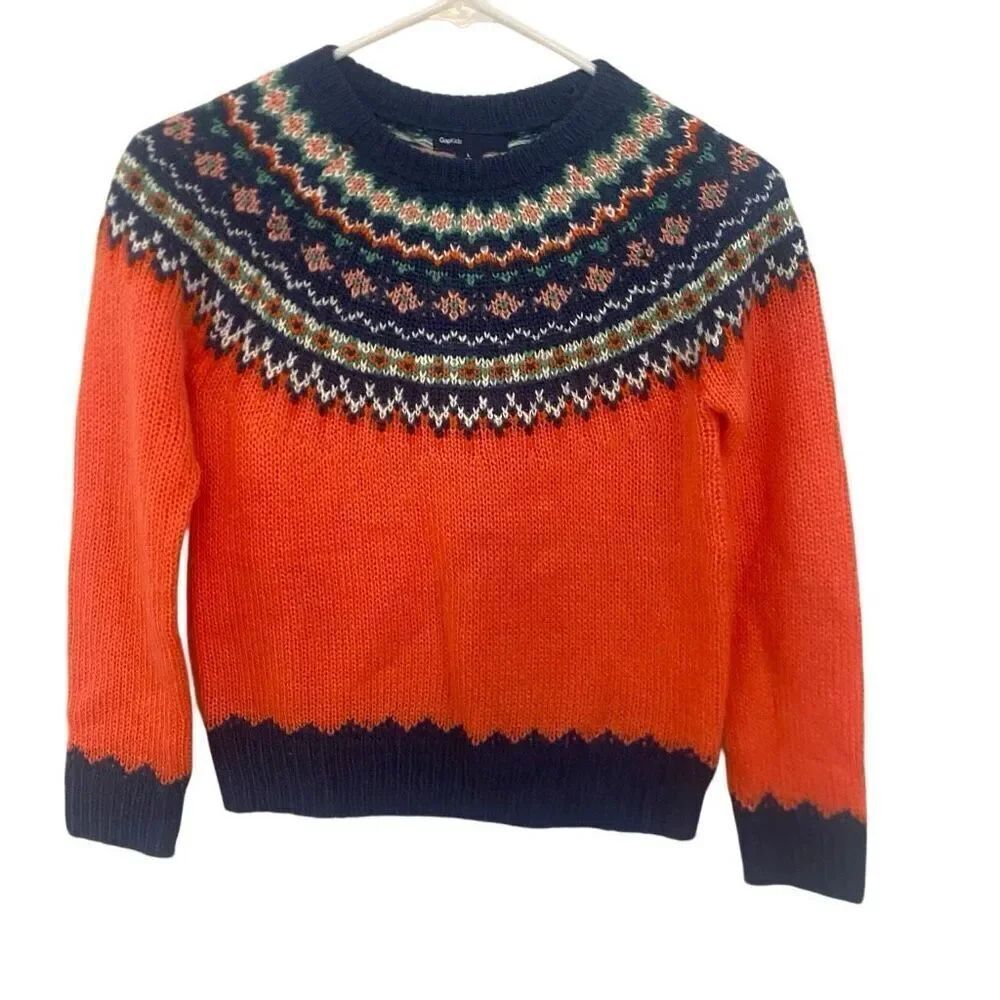 Gap Kids size 10/12 fair isles orange and blue long sleeve sweater wool mohair b
